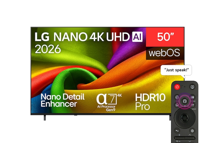 The front view of LG NANO 4K UHD AI NU85, released in 2026, fills the screen with smooth, flowing layers of vividly colored, fabric-like textures, as curved multicolored folds spread across the display.